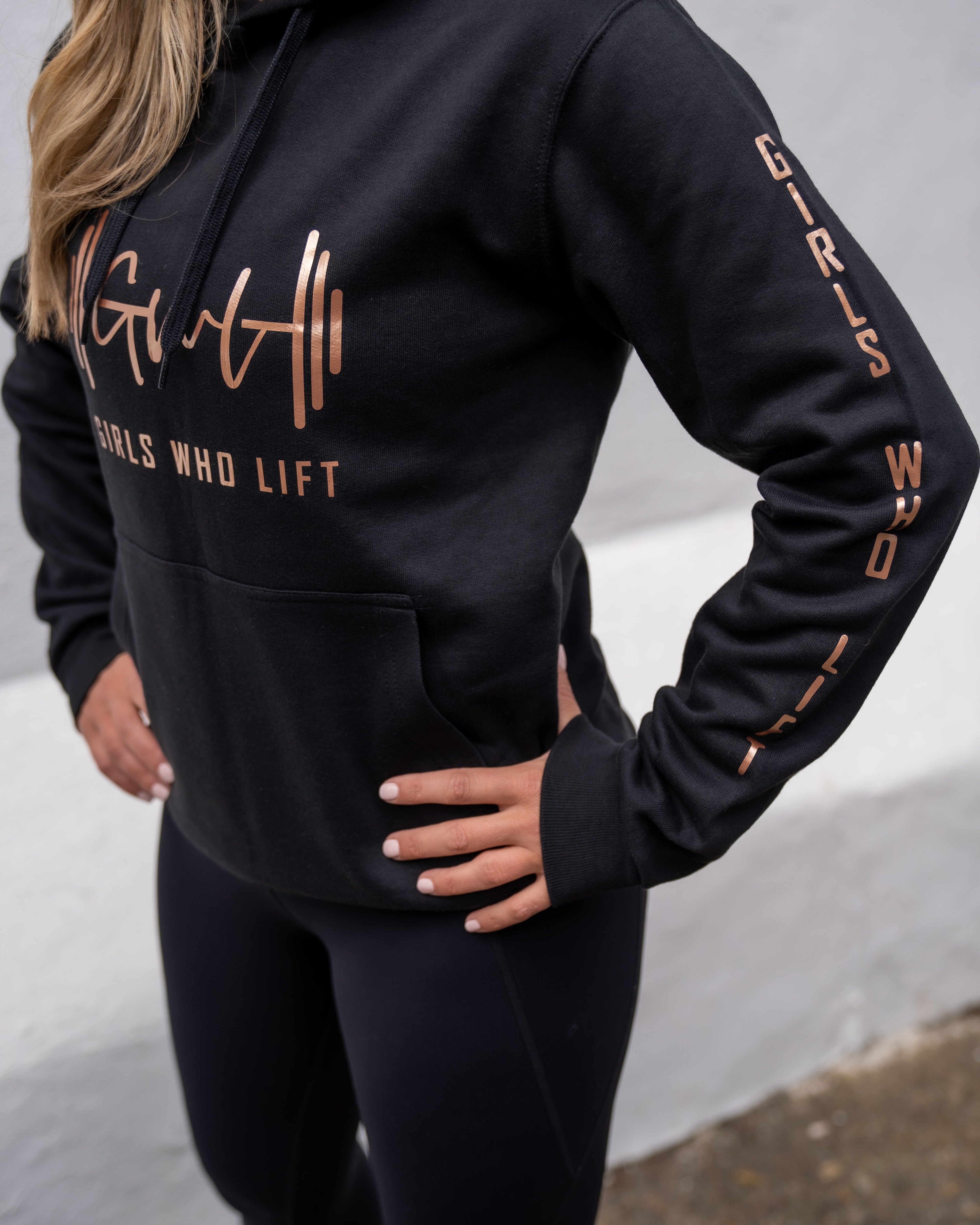 Girls Who Lift hoodie with rose gold print close up