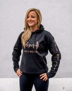 Girls Who Lift hoodie with rose gold print