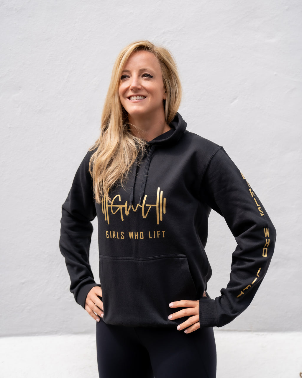 Girls Who Lift hoodie with gold print