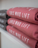 Girls Who Lift sweatshirts close up - dusty rose pink and steel grey