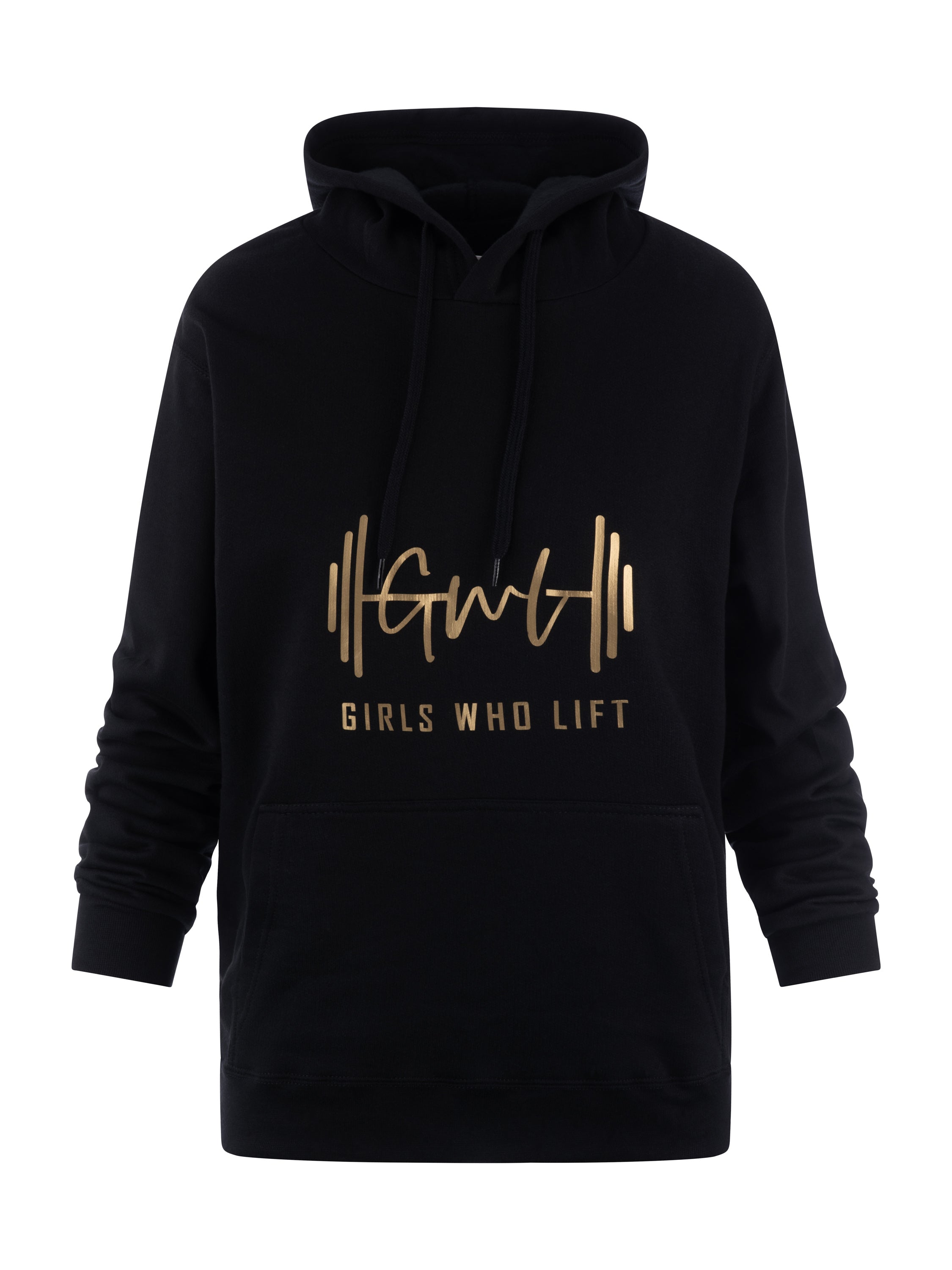 Girls Who Lift black hoodie with gold print