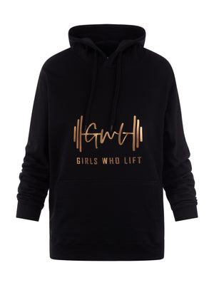 Girls Who Lift black hoodie with rose gold print