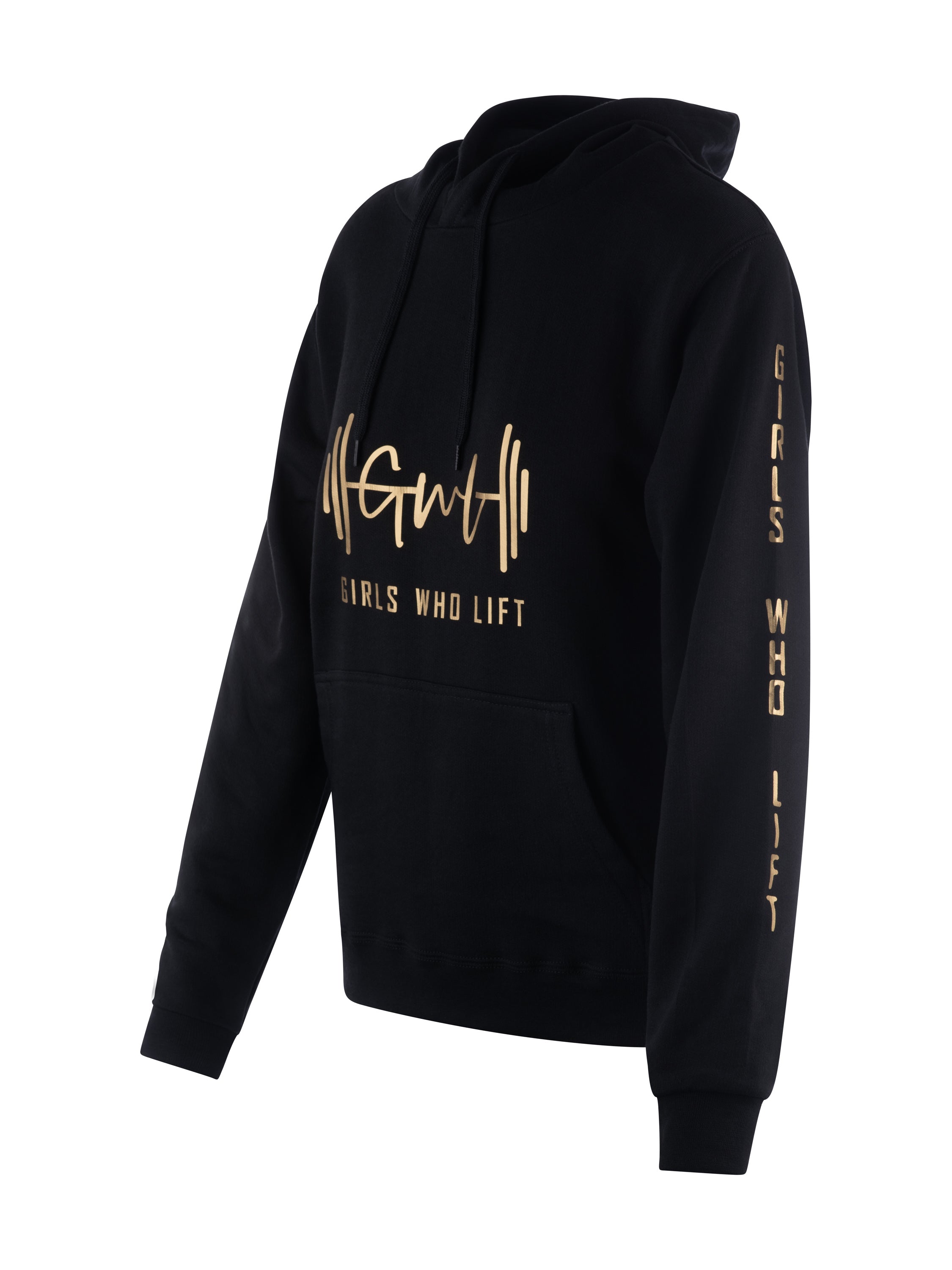 Girls Who Lift black hoodie with gold print on sleeve