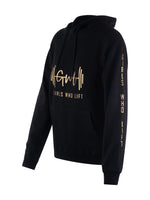 Girls Who Lift black hoodie with gold print on sleeve