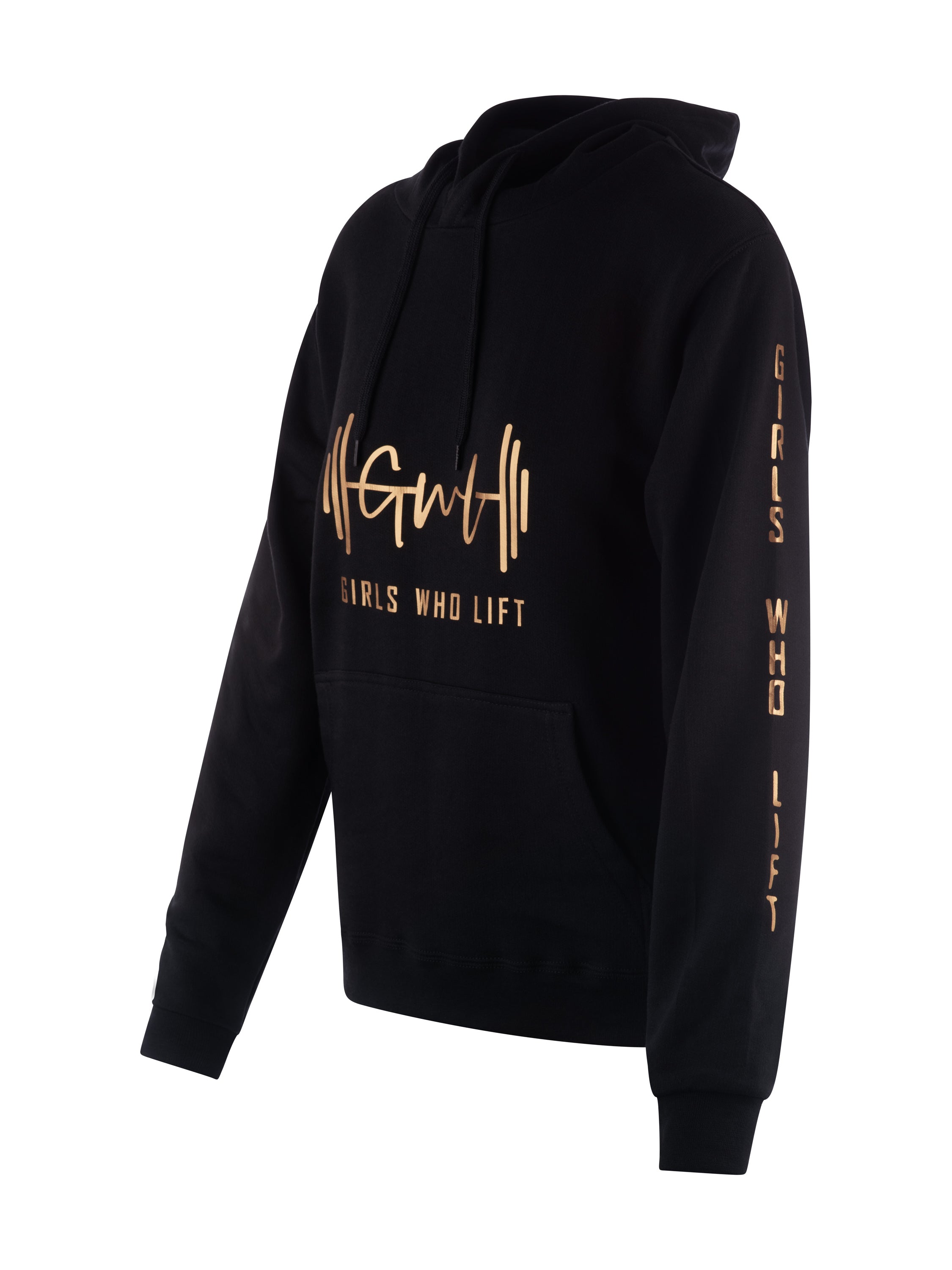 Girls Who Lift black hoodie with rose gold print on sleeve
