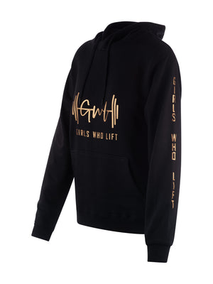 Girls Who Lift black hoodie with rose gold print on sleeve