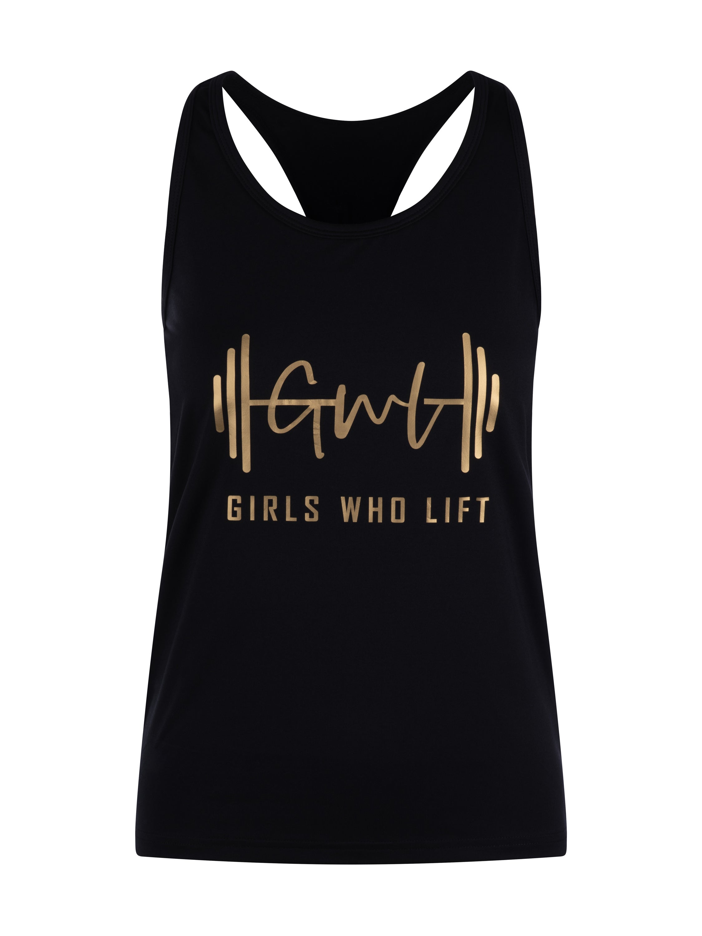 Girls Who Lift workout vest with gold print