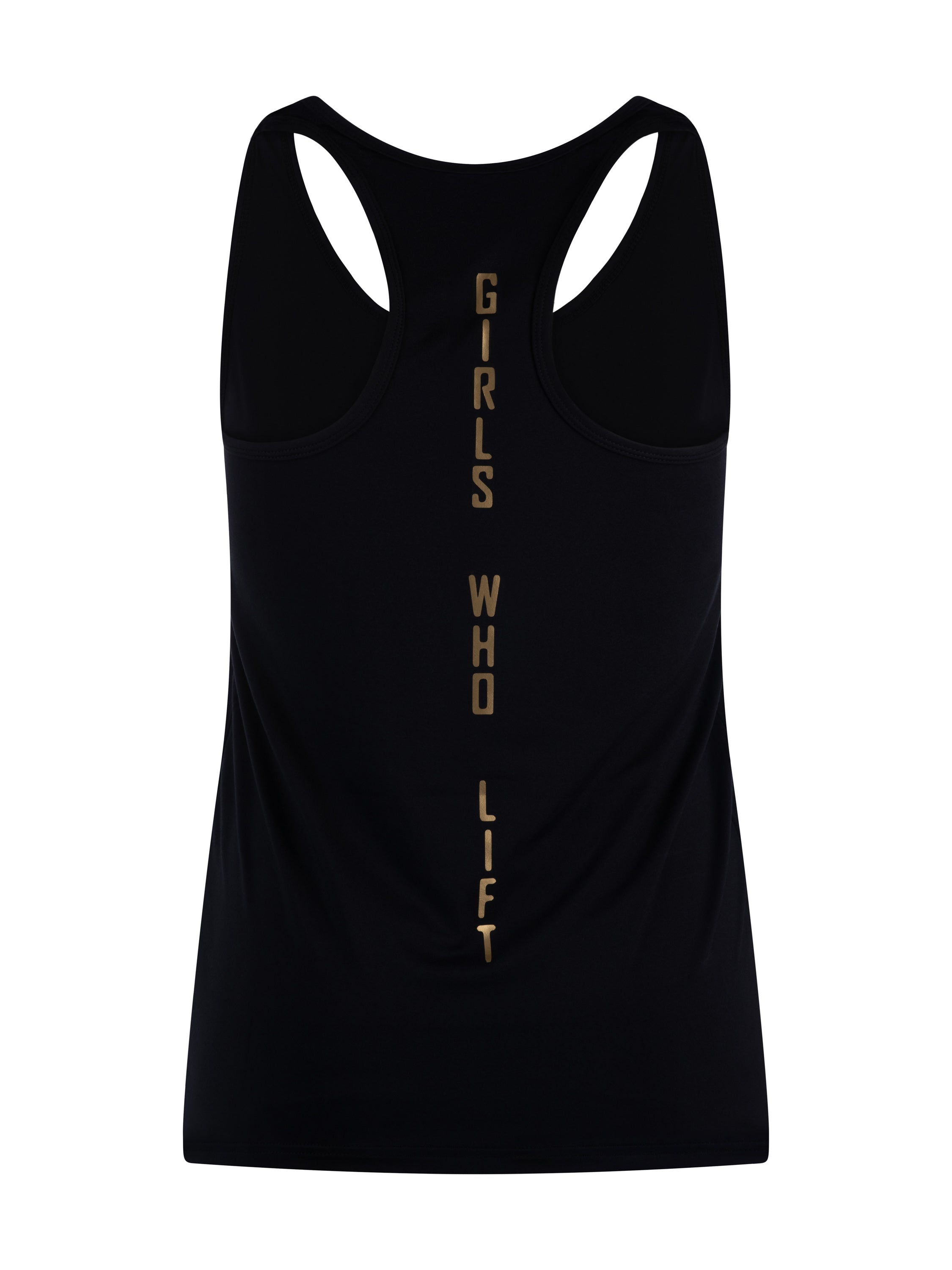 Girls Who Lift workout vest with gold print - reverse view 