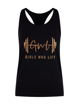 Girls Who Lift workout vest with rose gold print
