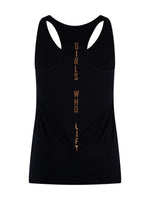 Girls Who Lift workout vest with rose gold print - reverse view 
